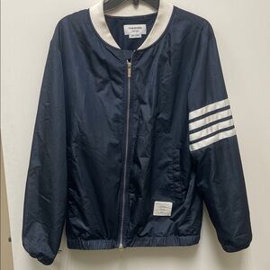 THOM BROWNE Navy Blue Bomber Jacket with White Stripes